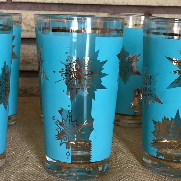 60's Aqua/Gold Starburst Glasses - 8 - Tumblers - Highballs - Barware -Glassware - Picture 5 of 14